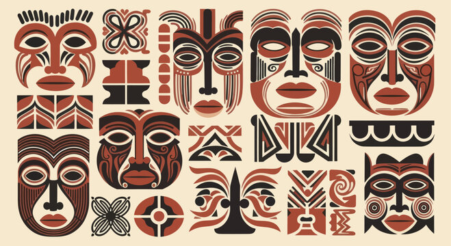 Collection of Tribal Masks and Symbols.
