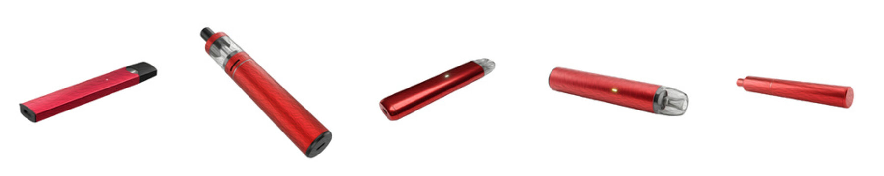 Electronic Cigarette Vape Pen Set - Disposable Red Metallic Vaping Devices and Pod Mods Shown from Multiple Product Angles Isolated on Clean White Background Pack