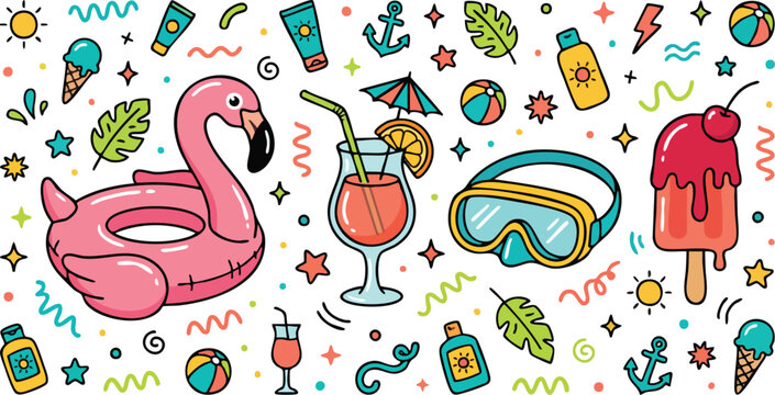 Summer Beach Vacation Doodle Vector Set