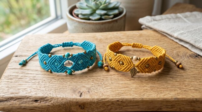 Handmade macrame beaded bracelets in turquoise and yellow
