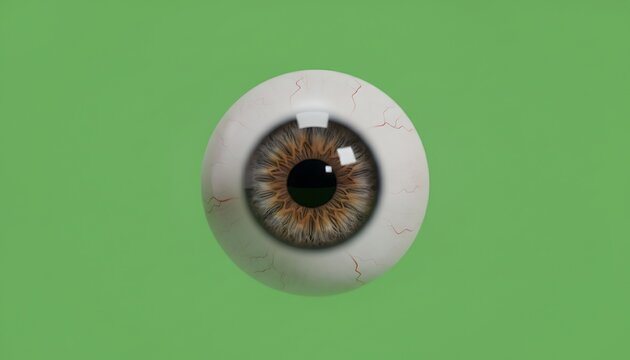 Human eye, detailed visual of brown iris and white sclera with red veins, isolated on green screen, symbolizing vision, awareness, and insight for advertising, editorial, and educational use.