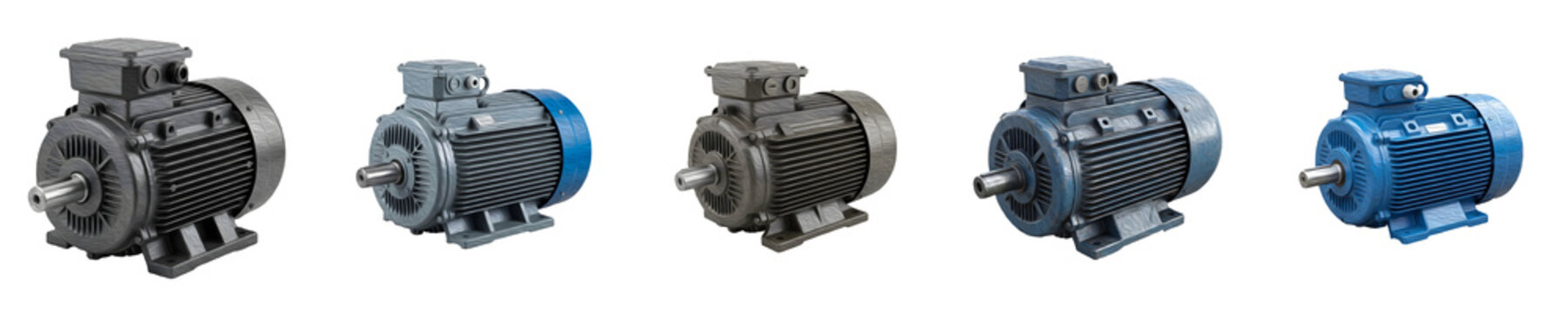 Industrial Electric Motor Set - Three Phase AC Induction Motors in Blue and Grey Metallic Finishes Shown from Various Angles Isolated on Clean White Background Pack