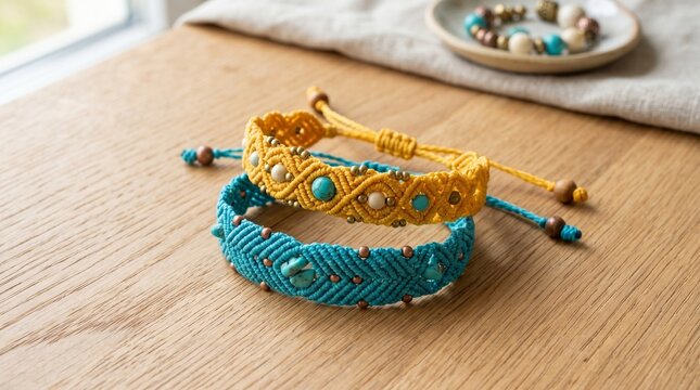 Handmade macrame beaded bracelets in turquoise and yellow