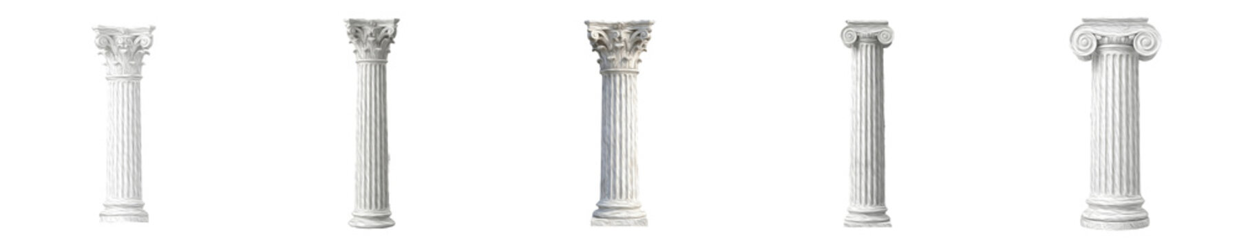 Ancient Greek Roman Column Set - White Marble Architectural Pillars with Corinthian, Ionic, and Doric Capitals Shown from Multiple Angles Isolated on White Background