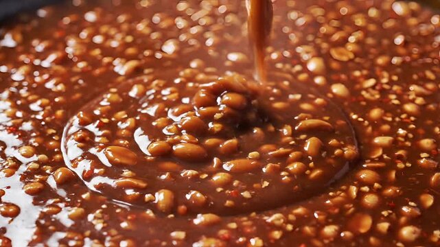 Closeup of rich molten chocolate being poured over crunchy peanuts.