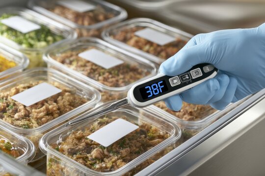 Restaurant manager checking refrigerator temperature with digital food thermometer
