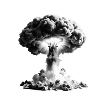 Mushroom cloud explosion illustration in halftone style. Atomic blast with smoke plume isolated on light background, monochrome graphic for disaster, war and apocalypse concepts.