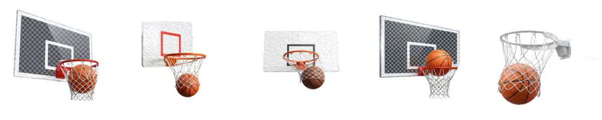 Basketball Hoop and Backboard Set - Basketballs Swishing Through the Netting and Rim with Transparent and Solid Backboards Isolated on White Background Graphic Pack © Mr