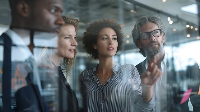 Business Team Holds a Focused Strategy Meeting in a Glass Office, as a Female Leader Guides Discussion, Reviews Digital Reports, Aligns Goals, Assigns Tasks, and Plans Next Steps for Projects