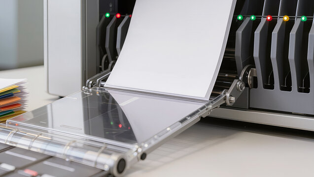 Close-up of a high-speed professional scanner processing paper documents in an office. Concept of digital transformation, automated document workflow, and information management