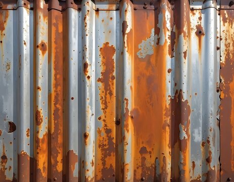 A close-up of a rusty metal wall with peeling paint