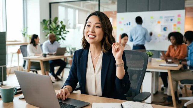 Business creativity and idea presentation concept with Asian businesswoman sitting at desk using laptop and pointing upward, professional workspace, planning, strategy and modern office productivity
