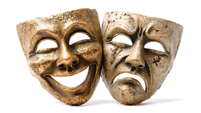 Comedy and tragedy masks isolated on white background background, theatrical drama symbols representing happy and sad emotions