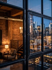 Fototapeta premium City skyline at night through tall loft windows