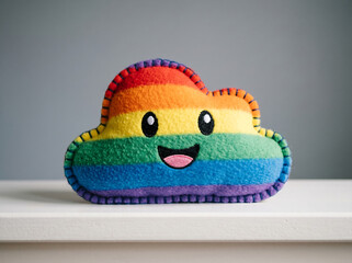 Fototapeta premium Close-Up Photorealistic Scene of a Small Rainbow Plush Cloud Toy on Solid Soft Gray Background