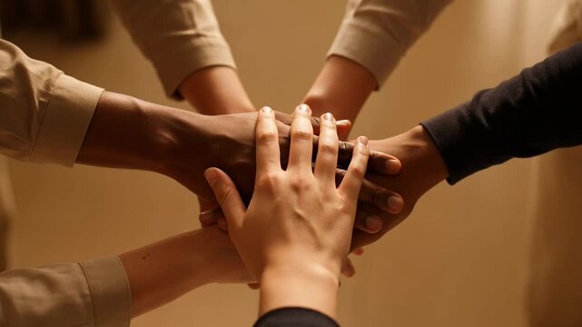 Diverse group of people stacking hands together in unity and teamwork.
