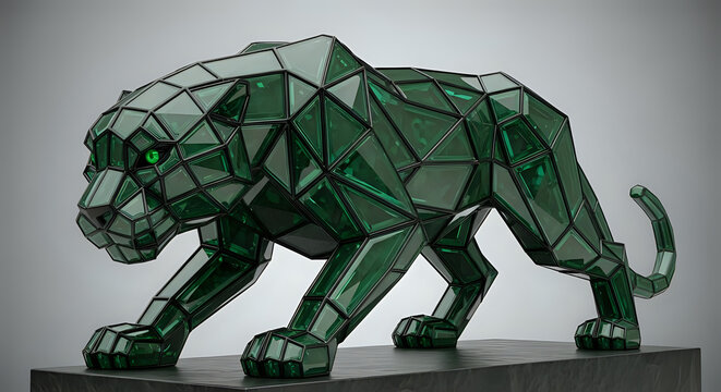 Geometric green panther sculpture with glowing green eyes big cat low poly sculpture geometric