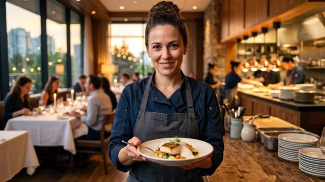 Female chef portrait in restaurant at sunset, warm culinary lifestyle image for hospitality branding, fine dining promotion, kitchen team profile and restaurant marketing, confident expression,