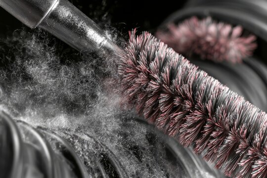 Close-up of dryer vent cleaning brush removing lint with vacuum attachment