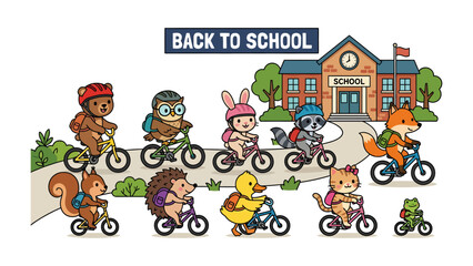 Fototapeta premium Back to School Animal Parade: A charming collection of anthropomorphic animal characters, including a bear, owl, rabbit, raccoon, fox, squirrel, hedgehog, duck, cat, and frog.