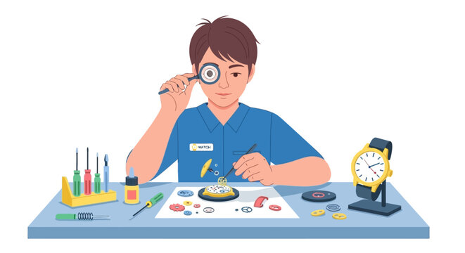 Young watchmaker meticulously repairing a timepiece with magnifying glass.