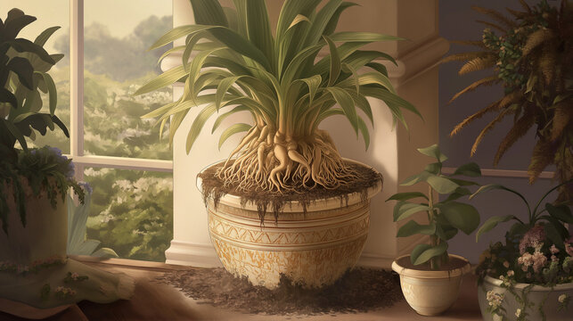 containment. Native plant roots confined in ornate foreign pot, soil spilling over in morning light. gardening catalogs, home-decor guides, designed for home decor and floral branding.