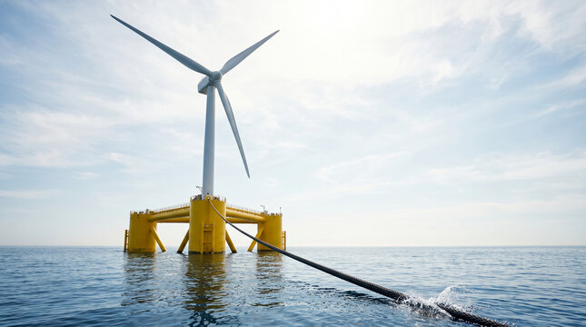 Floating offshore wind turbine with taut mooring line in calm open ocean under bright hazy midday sky
