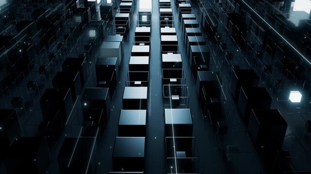 A matrix of technological blocks moving back and forth in a background loop play