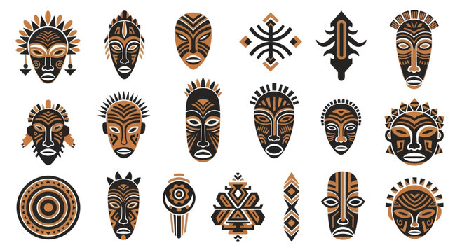 Collection of African Tribal Masks and Symbols.