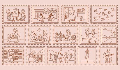 Urban city life travel stamps, hand drawn minimal line art doodle set, premium modern monoline vector illustration, clean design isolated on white background, metropolitan architecture and commute gra © Geetaroy