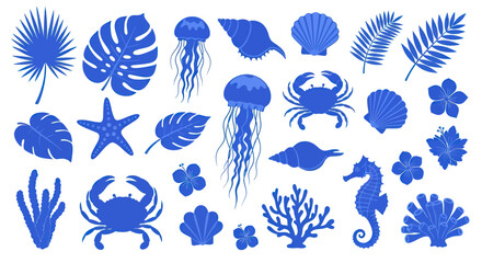 Collection of Blue Marine Life and Tropical Leaves Silhouettes. © DOG2