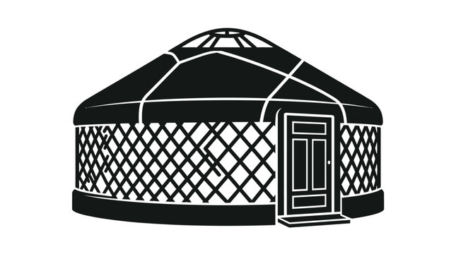 Black and White Illustration of a Traditional Mongolian Yurt.