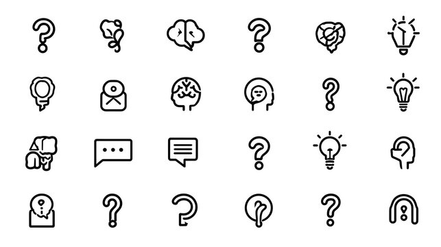 Help, ask question line icon set. FAQ, support, secret info, problem solution, brain, idea, message minimal vector illustrations. Simple outline signs for answer. 48x48 Pixel Perfect. Editable Stro...