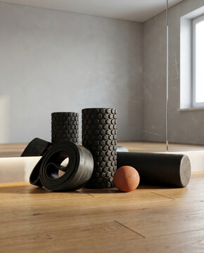 Graphic still life shot of a vulcanized rubber resistance band, a hexagonal grid EPP foam roller, and a terracotta massage ball clustered on an oak floor against a large mirror partition.
