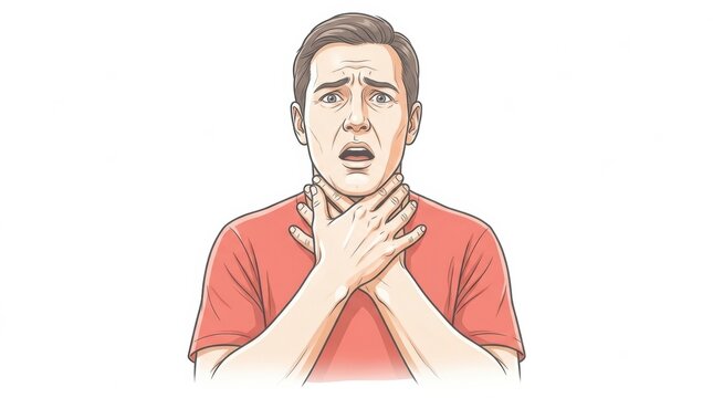 A person is showing signs of choking and using the universal sign for choking while seeking help in a workplace environment