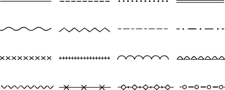 Line style variations: solid dashed dotted wavy zigzag decorative borders with design element, graphic resource