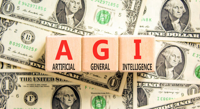 AGI artificial general intelligence symbol. Concept words AGI artificial general intelligence on beautiful wooden blocks. Beautiful dollar bills background. Business AGI general concept. Copy space.