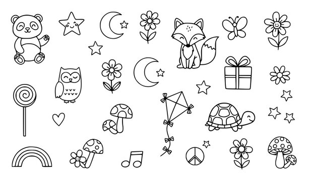 Hand drawn cute animal and object doodle line art vector collection