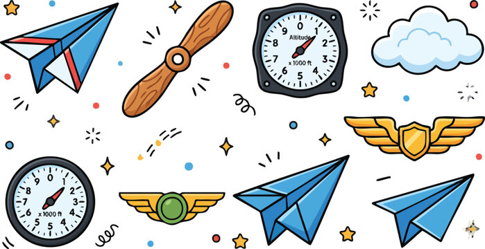 Aviation doodle set with paper planes and pilot gear