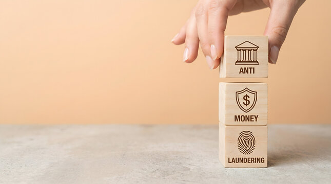 Anti Money Laundering Concept: Hand Stacking Blocks with Bank, Shield, Fingerprint Icons