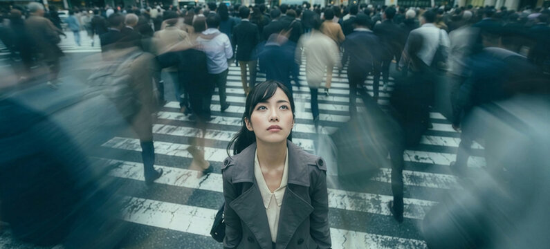 都会の雑踏の中で一人立ち止まり空を見上げる若い日本人女性