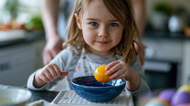 Toddler standing on a step stool at a kitchen counter during Easter egg decorating, tiny fingers gripping a dripping egg above a bowl of colored liquid, apron nearly touching the floor, parent's han
