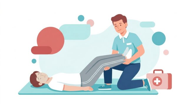 A person is receiving first aid by lifting the legs of someone who has fainted during a workplace emergency.