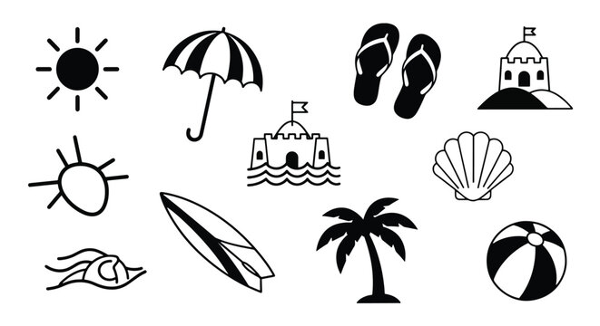 Collection of minimalist black and white icons representing various objects.