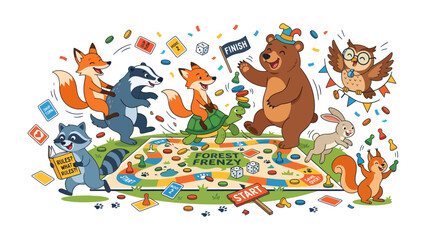 Fototapeta premium Forest Frenzy Board Game: A whimsical illustration depicts a group of adorable forest animals playing a vibrant board game, celebrating a fun-filled day of friendly competition and joyful moments.