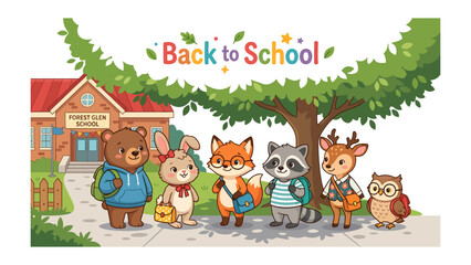 Fototapeta premium Back to School Animals: A group of cute cartoon animals including a bear, rabbit, fox, raccoon, deer, and owl are gathered outside a school building, ready for their first day of class.