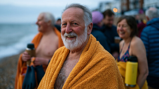 Cold water swimming community changing on shingle beach after morning dip, towels wrapped tight, thermos flasks being passed around, laughter and exhilaration on faces, wet neoprene gloves hanging f