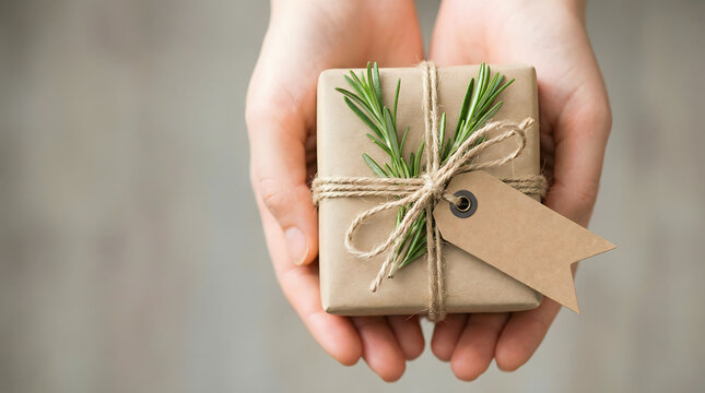 Hands holding a beautifully wrapped gift box with rosemary sprigs and twine