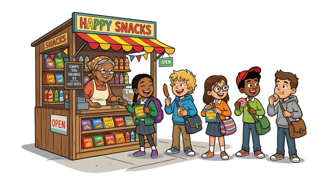 Happy Snacks Stand: A cheerful scene unfolds at a Happy Snacks stand, where a friendly vendor serves a line of eager children, each holding snacks and bags.