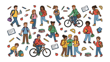 Fototapeta premium Students Back to School Concept: A vibrant collection of diverse students, carrying backpacks and books, engaged in various school-related activities.